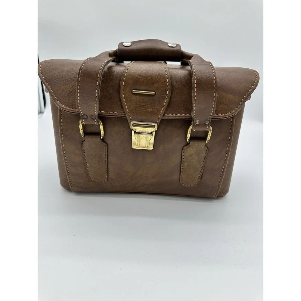 Vintage Camera Bag Satchel Case Hard Shell Faux Leather Brown Small